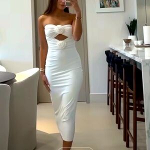 Torn by Ronny Kobo White Strapless Cutout Midi Dress with Rosette Details